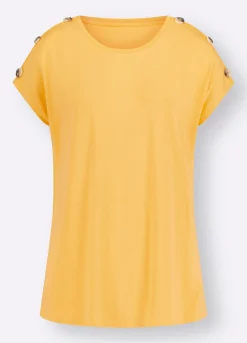 Strandmode| Kurzarmshirt mit Zierknöpfen an den Schultern gelb