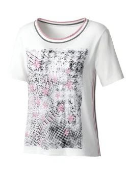 Shirts| Kurzarmshirt vorne in Blusen-Qualität wollweiß-rosé-bedruckt