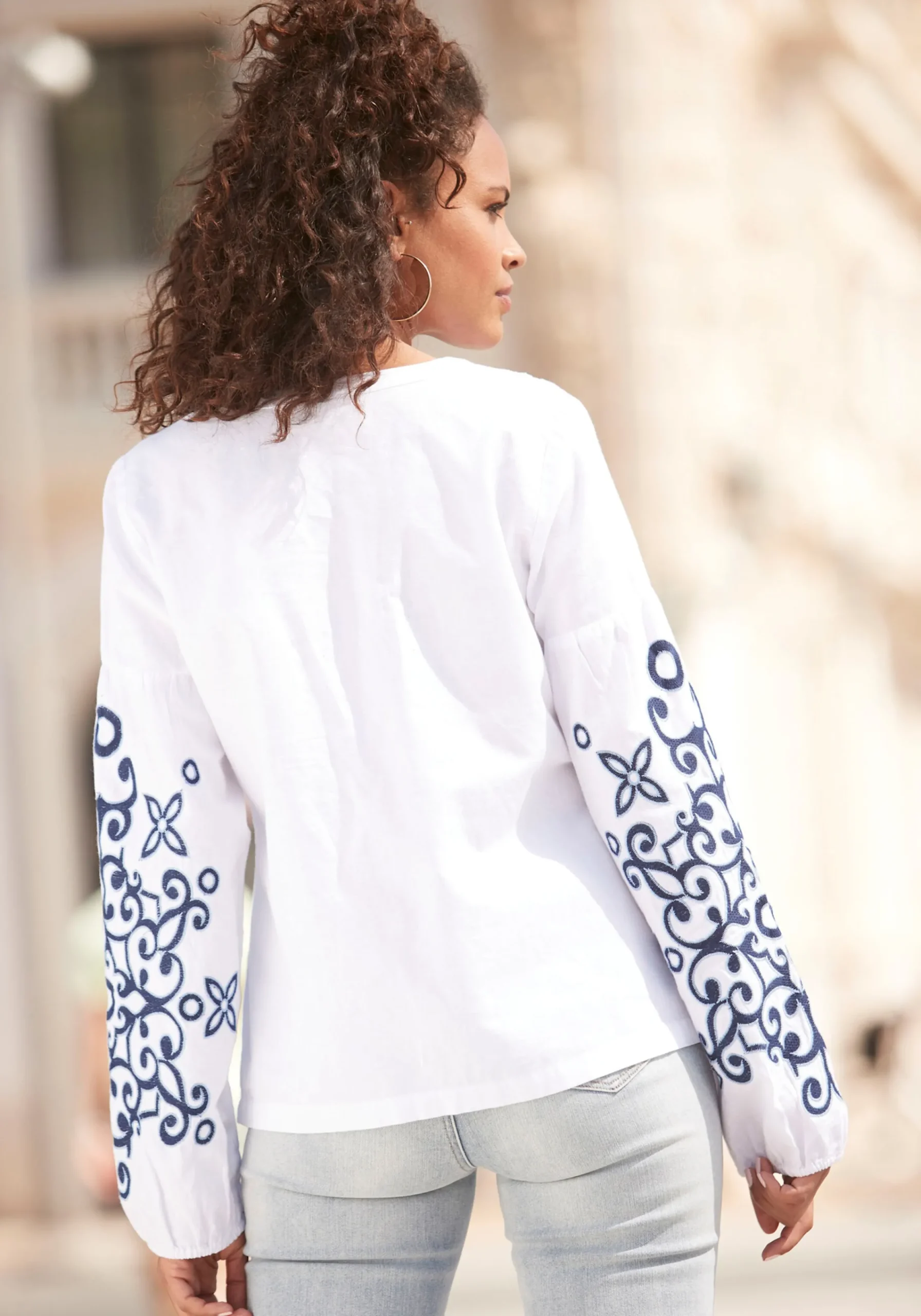 Strandmode|Blusen|LASCANA Langarmbluse weiß-blau