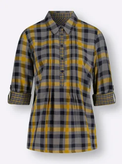 Blusen| Langarmbluse mit Biesen, kariert ocker-kariert