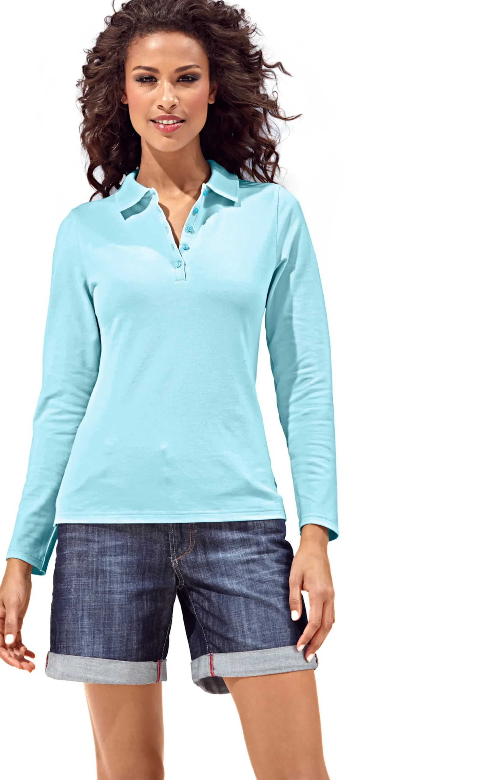 Strandmode|Basics|heine Langarm-Poloshirt in Pikee-Qualität türkis