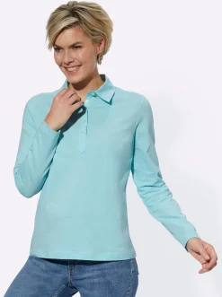 Shirts| Langarm-Poloshirt in reiner Baumwoll-Qualität türkis