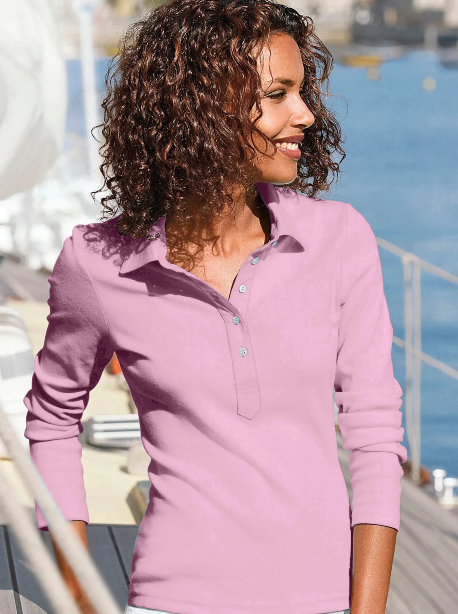 Shirts| Langarm-Poloshirt in reiner Baumwoll-Qualität rosé