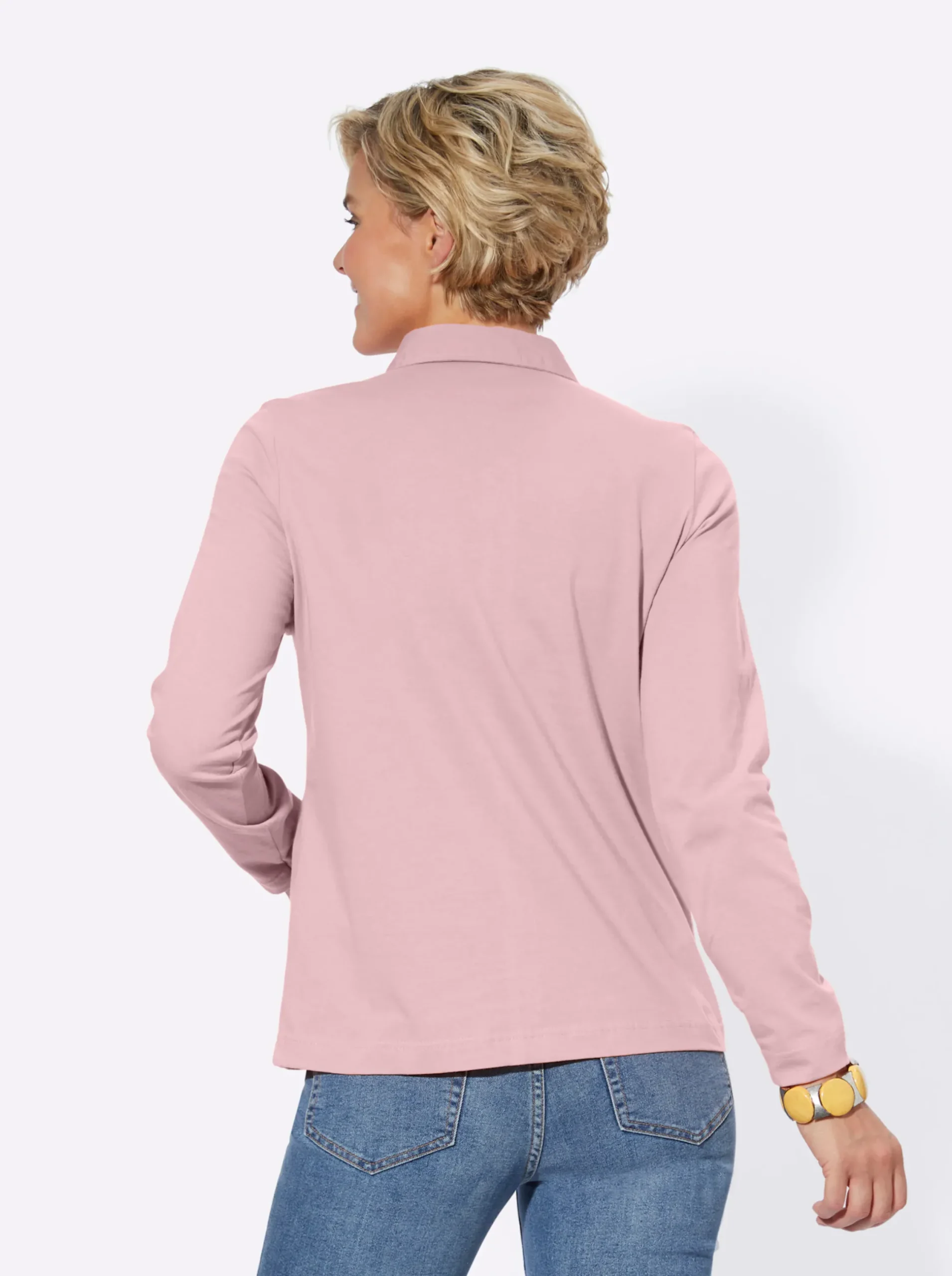 Shirts| Langarm-Poloshirt in reiner Baumwoll-Qualität rosé