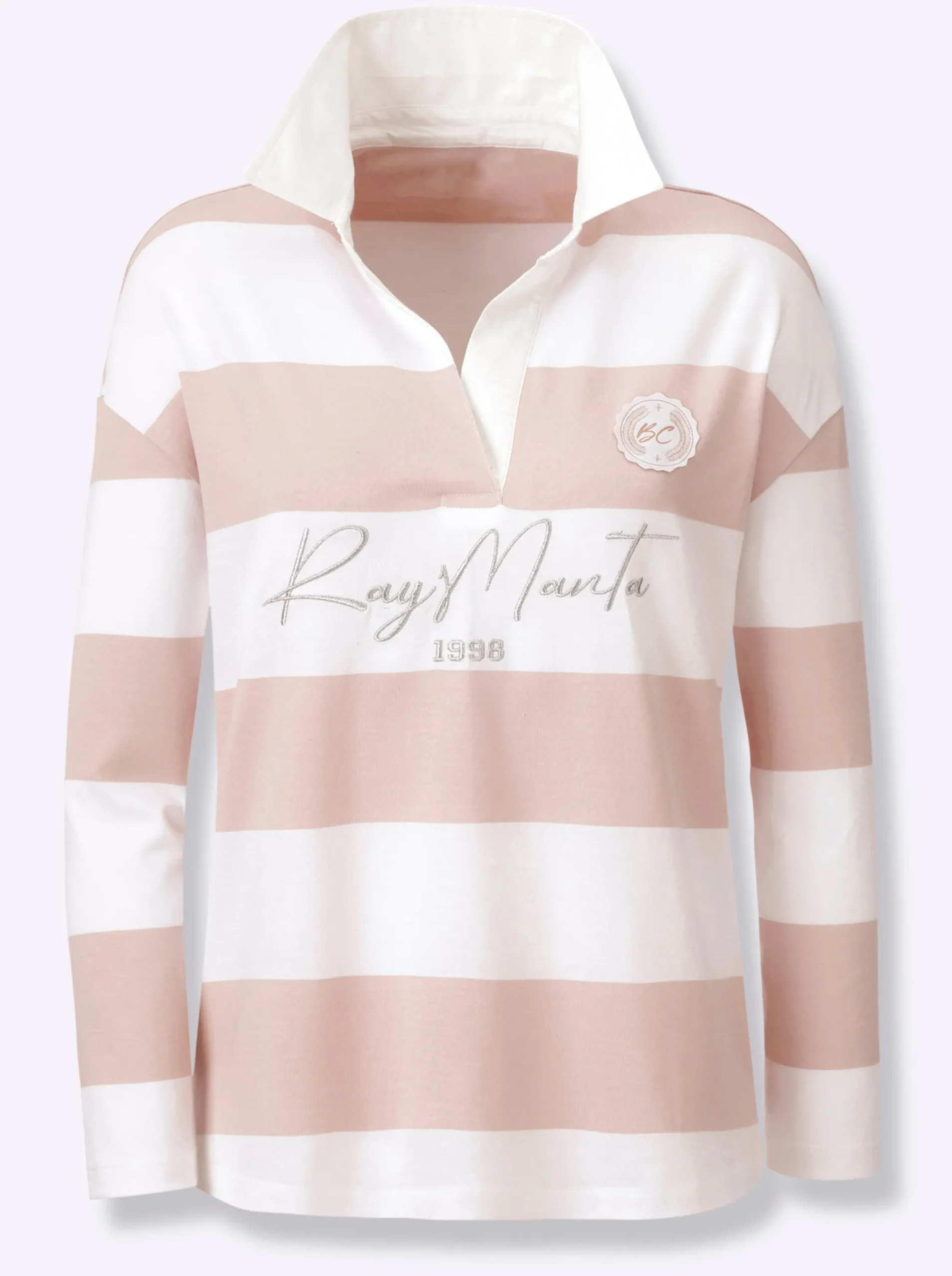 Shirts|heine Langarm-Poloshirt mit Streifen puder-ecru-bedruckt