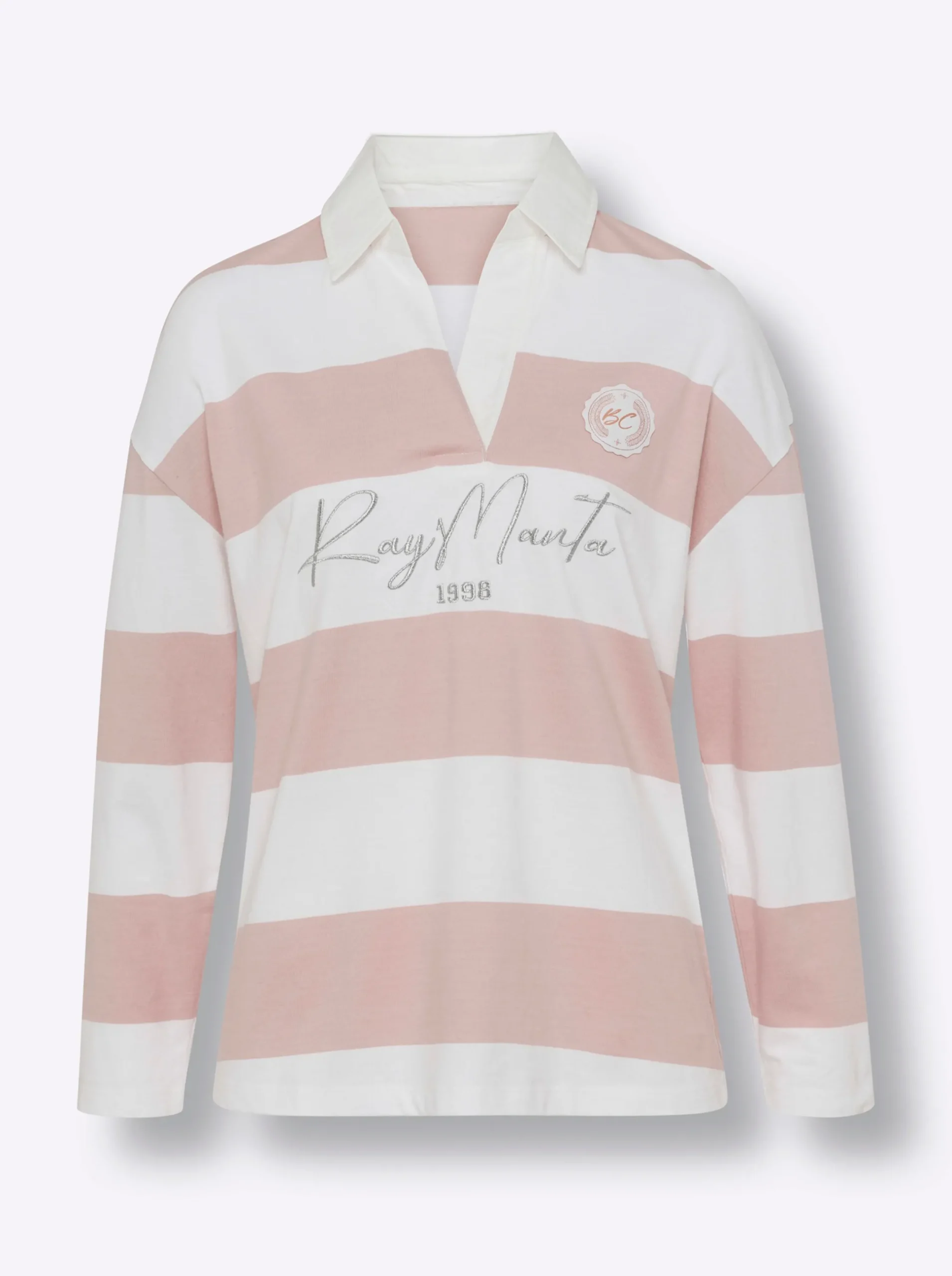 Shirts|heine Langarm-Poloshirt mit Streifen puder-ecru-bedruckt