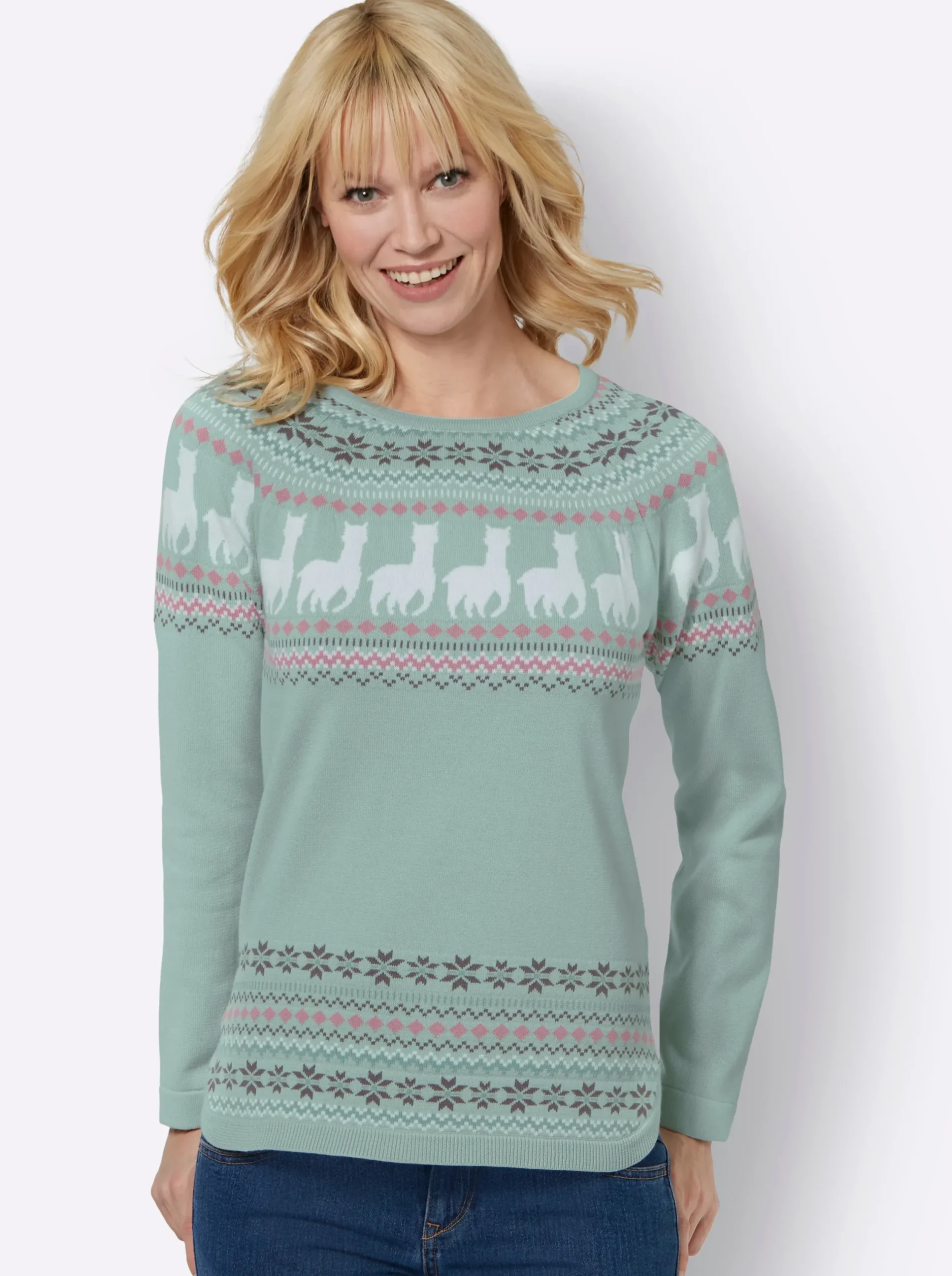 Pullover| Langarm-Pullover kalkmint-ecru-gemustert