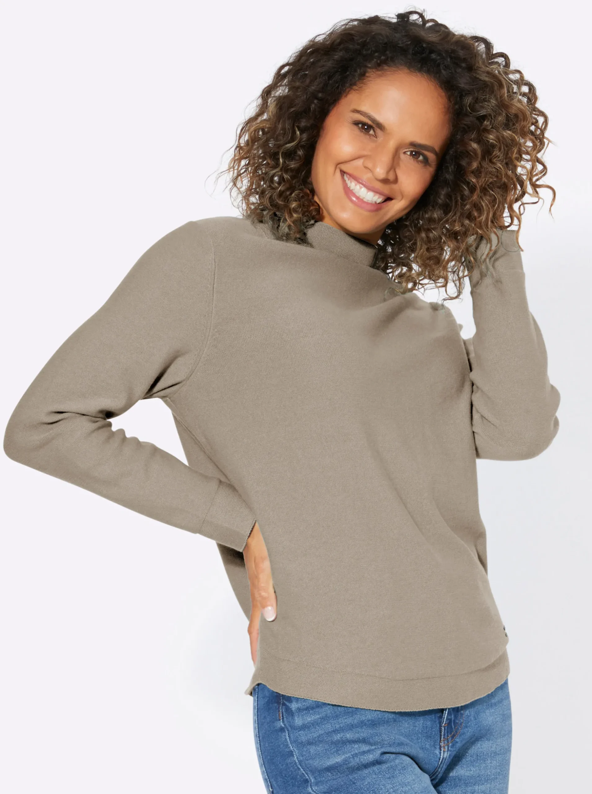 Pullover| Langarm-Pullover aus reiner Baumwolle sesam