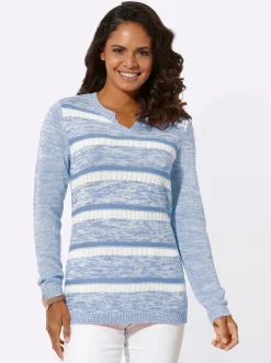 Pullover| Langarm-Pullover im Ringel-Dessin bleu-weiß-gemustert