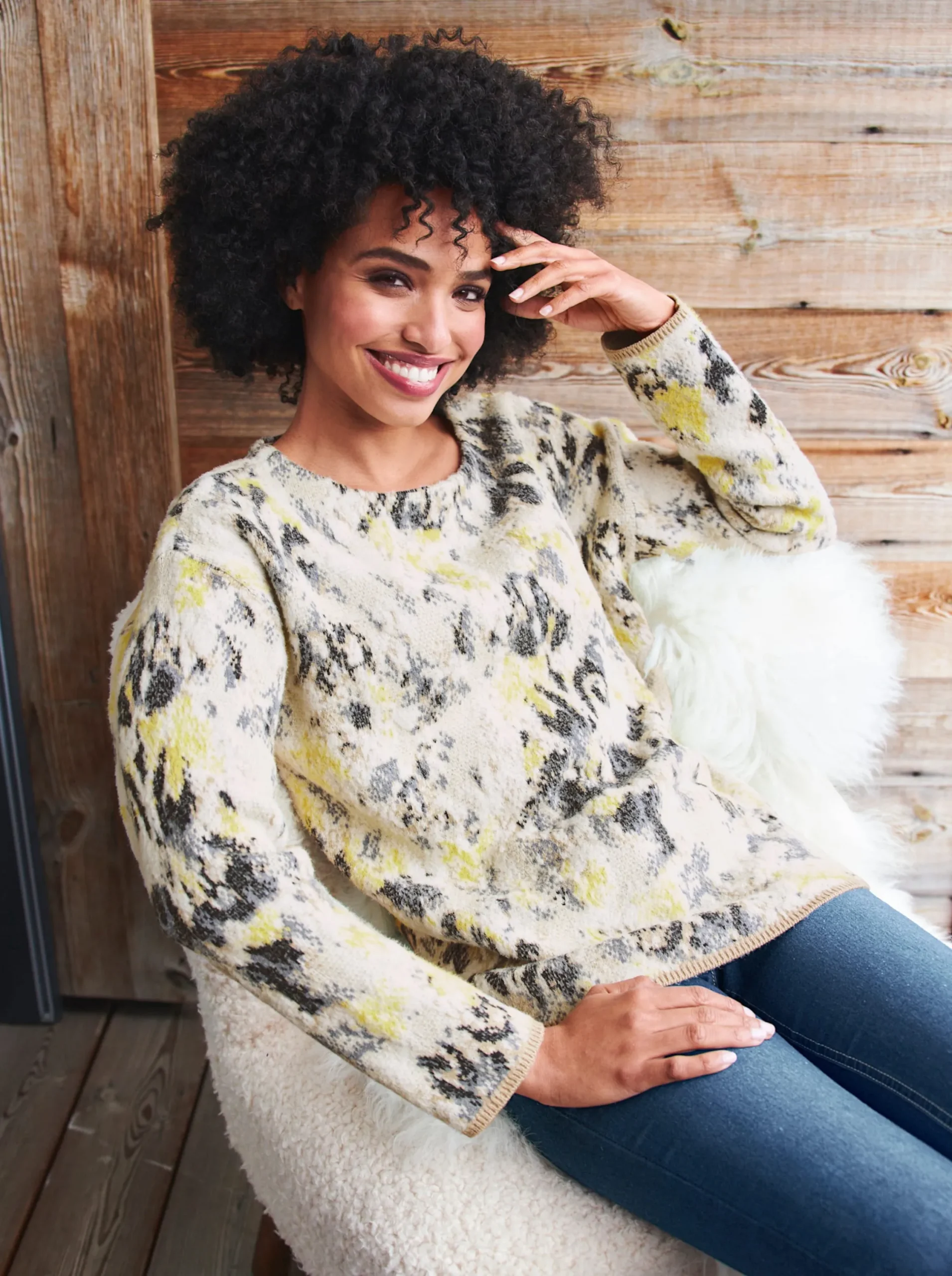 Pullover|heine Langarm-Pullover im weichen Material-Mix beige-taubenblau-gemustert