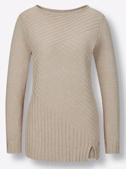 Pullover|CREATION L PREMIUM Langarm-Pullover in Rippenstrick beige-meliert