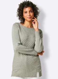 Pullover|CREATION L PREMIUM Langarm-Pullover in Rippenstrick khaki-meliert