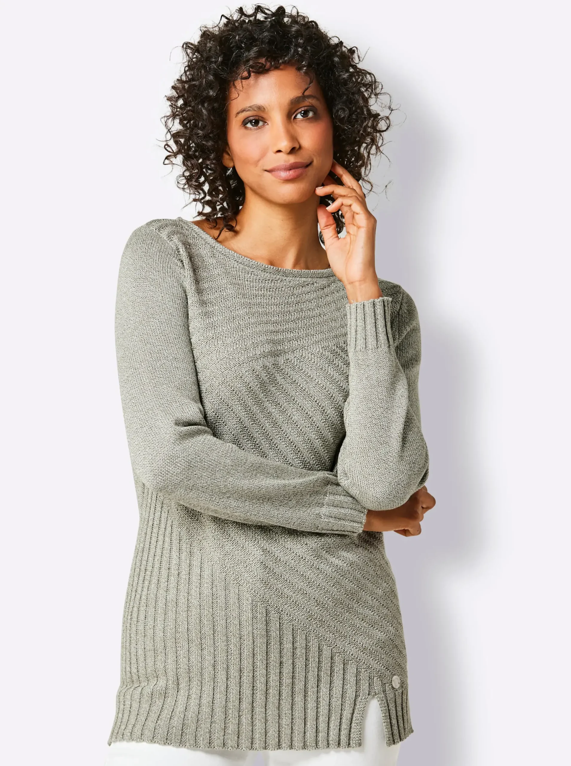 Pullover|CREATION L PREMIUM Langarm-Pullover in Rippenstrick khaki-meliert