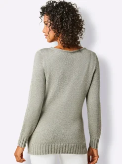 Pullover|CREATION L PREMIUM Langarm-Pullover in Rippenstrick khaki-meliert