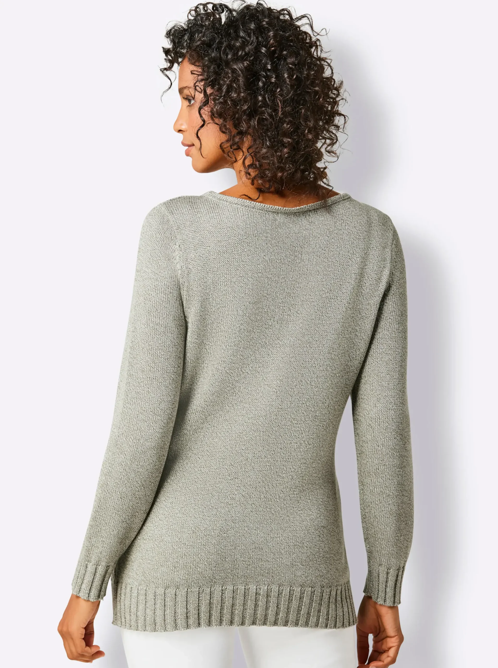 Pullover|CREATION L PREMIUM Langarm-Pullover in Rippenstrick khaki-meliert