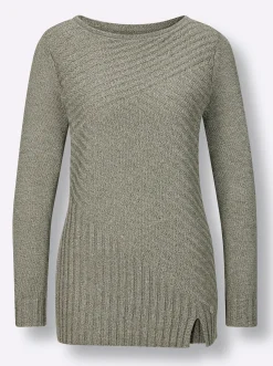 Pullover|CREATION L PREMIUM Langarm-Pullover in Rippenstrick khaki-meliert