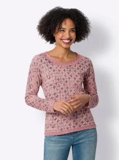 Pullover|heine Langarm-Pullover mit Ajour-Borte rosenquarz-champagner-bedruckt