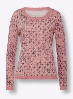 Pullover|heine Langarm-Pullover mit Ajour-Borte rosenquarz-champagner-bedruckt