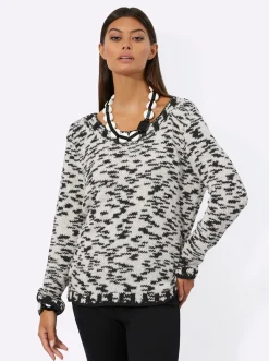 Pullover| Langarm-Pullover mit Effektgarn ecru-schwarz-gemustert