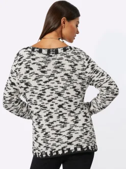 Pullover| Langarm-Pullover mit Effektgarn ecru-schwarz-gemustert