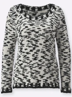 Pullover| Langarm-Pullover mit Effektgarn ecru-schwarz-gemustert