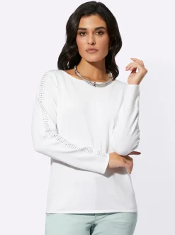 Pullover| Langarm-Pullover mit Glitzersteinchen an den Ärmeln ecru