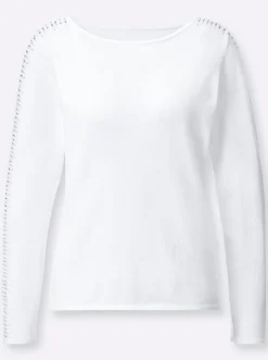 Pullover| Langarm-Pullover mit Glitzersteinchen an den Ärmeln ecru