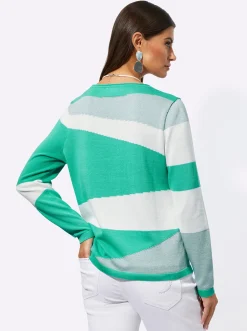 Pullover| Langarm-Pullover mit Glitzergarn ecru-blaugrün-gemustert