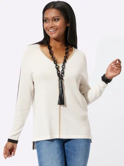 Pullover| Langarm-Pullover mit Kontraststreifen ecru
