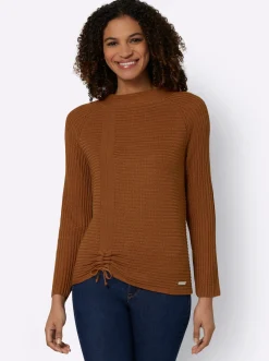 Pullover| Langarm-Pullover mit Raffung am Saum cognac