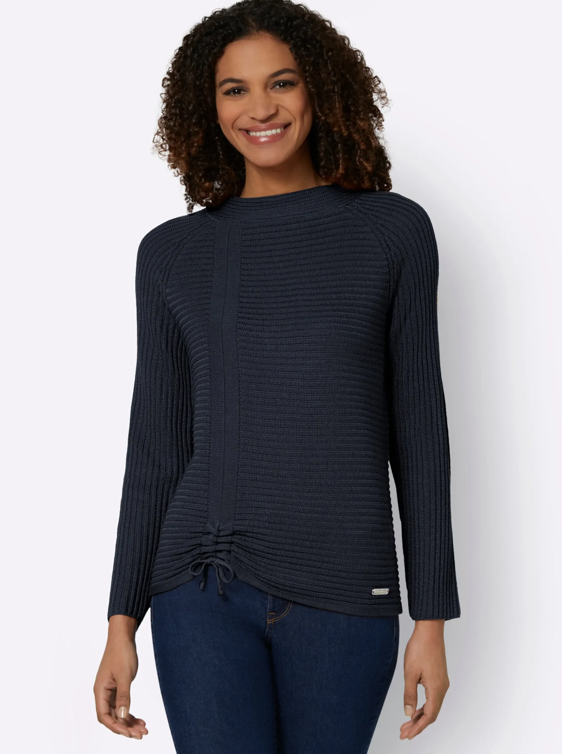 Pullover| Langarm-Pullover mit Raffung am Saum marine