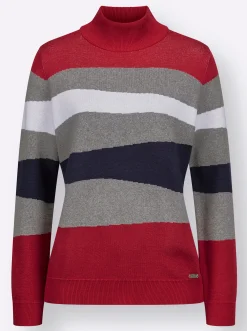 Pullover| Langarm-Pullover mit Ripp-Abschlüssen, kuschelig grau-rot-gemustert