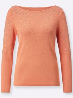 Pullover| Langarm-Pullover mit silberglänzenden Steinchen papaya