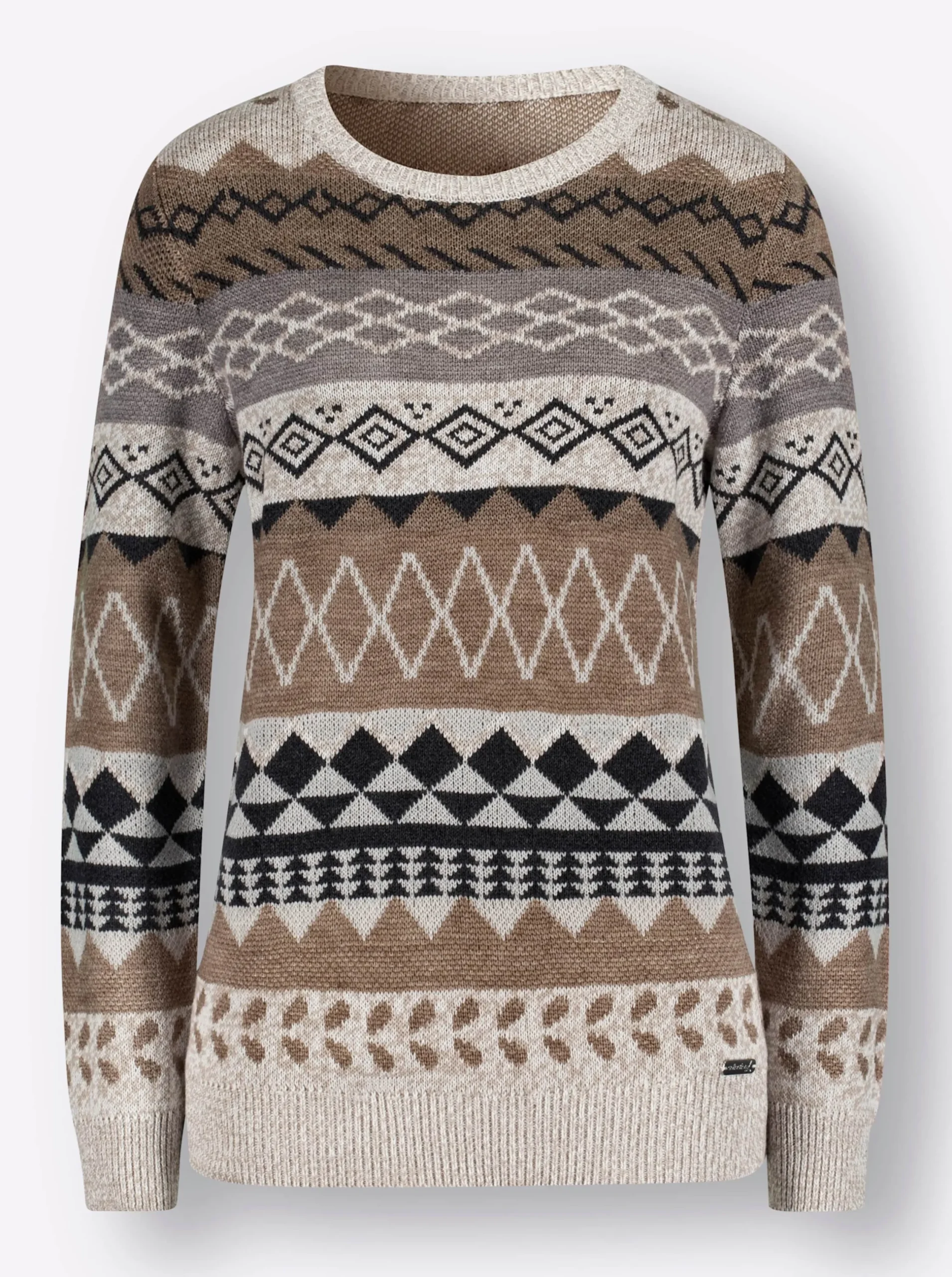 Pullover| Langarm-Pullover mit Strick-Mustern sesam-braun-gemustert