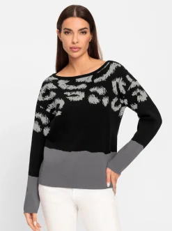 Pullover|heine Langarm-Pullover mit U-Boot-Ausschnitt grau-schwarz-gemustert