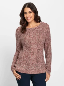 Pullover| Langarm-Pullover mit Zopfmuster vorne rosenholz-meliert