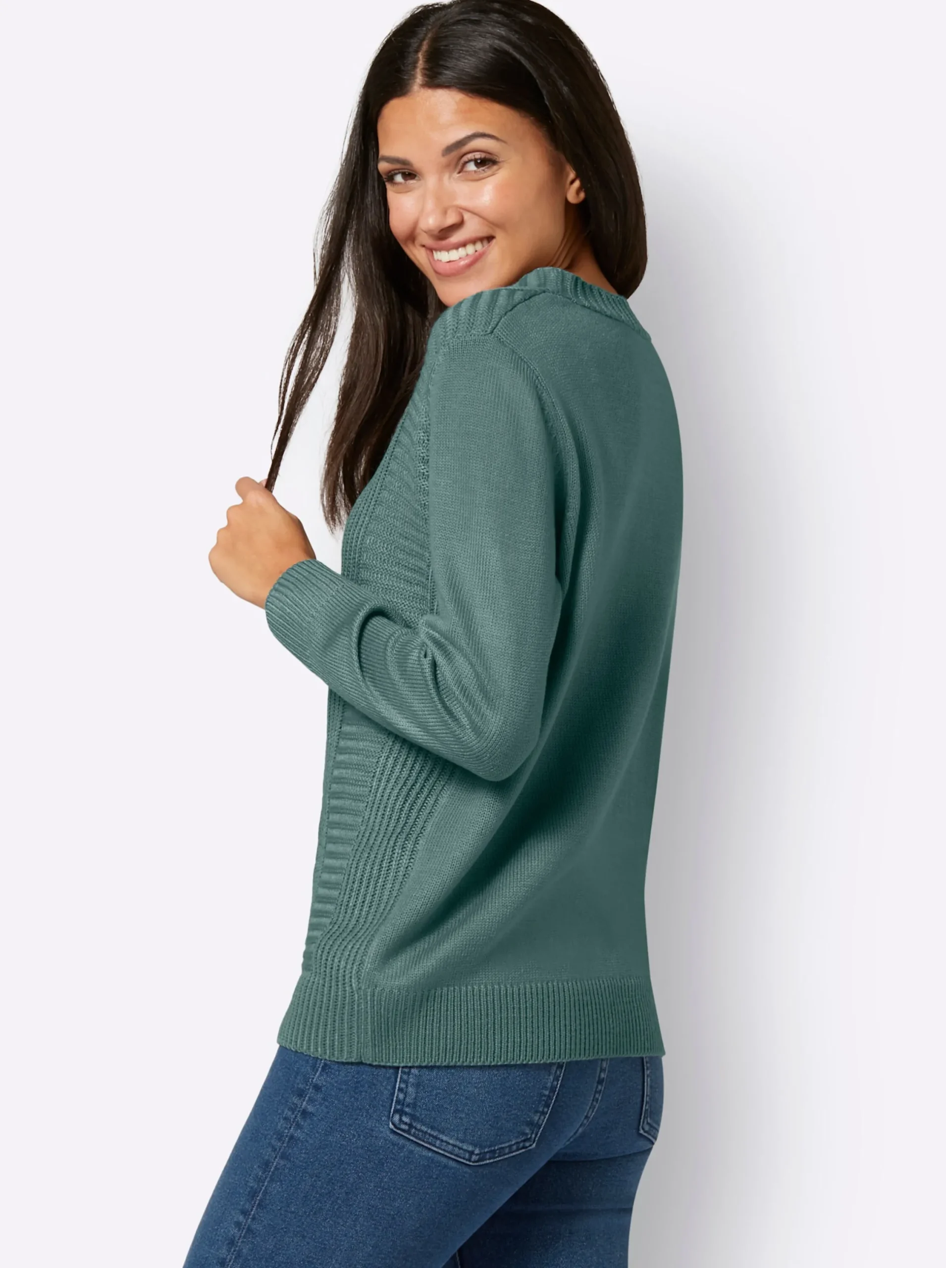 Pullover| Langarm-Pullover mit Zopfmuster jade