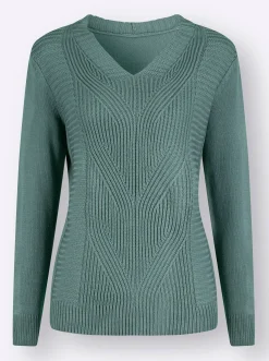 Pullover| Langarm-Pullover mit Zopfmuster jade