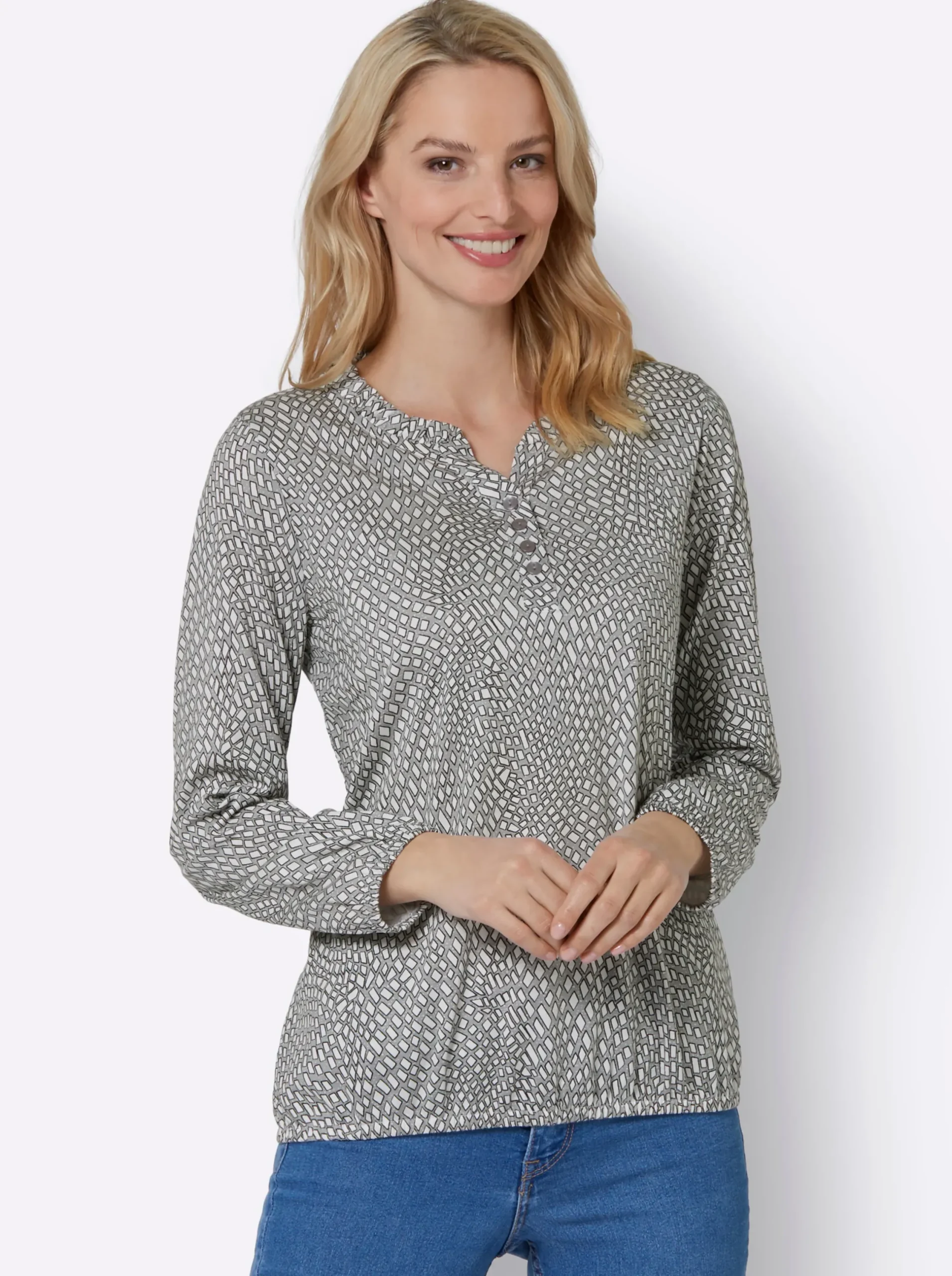 Shirts| Langarmshirt im Material-Mix steingrau-ecru-bedruckt