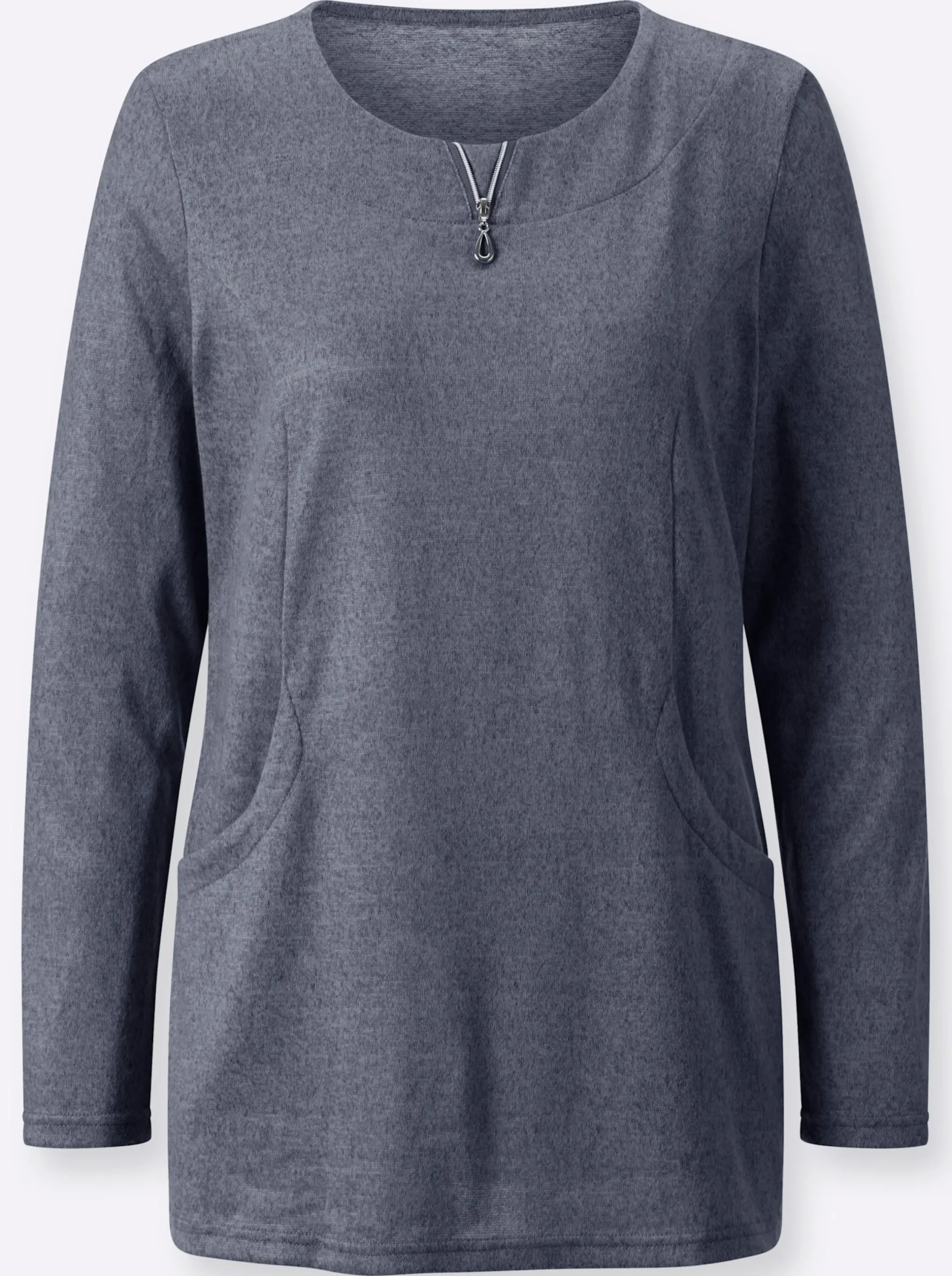 Shirts| Langarmshirt in angerauter Qualität taubenblau-schwarz-meliert
