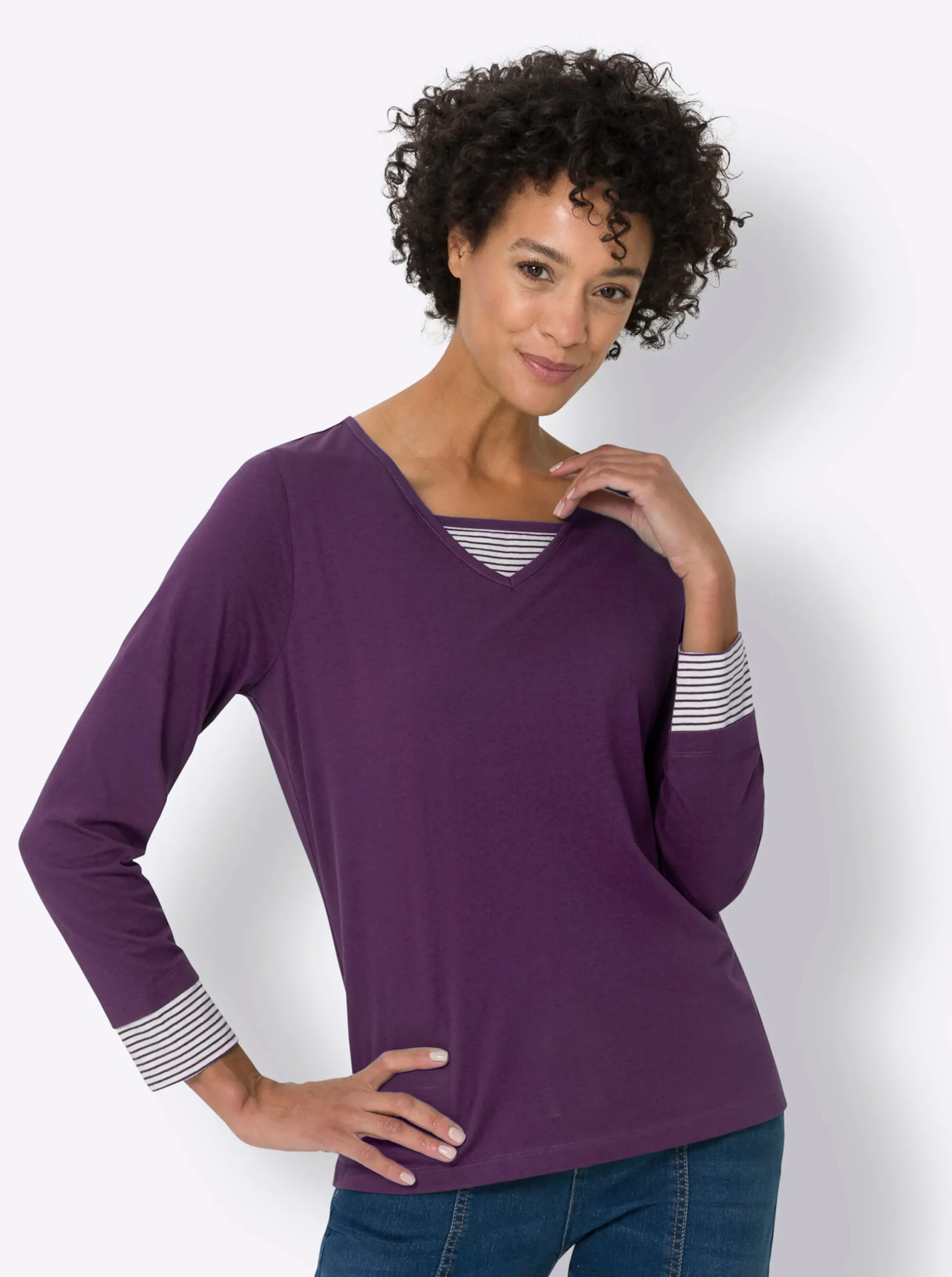 Shirts| Langarmshirt mit garngefärbten Streifen traube