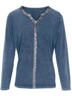 Shirts|heine Langarmshirt mit Glitzerband jeansblau