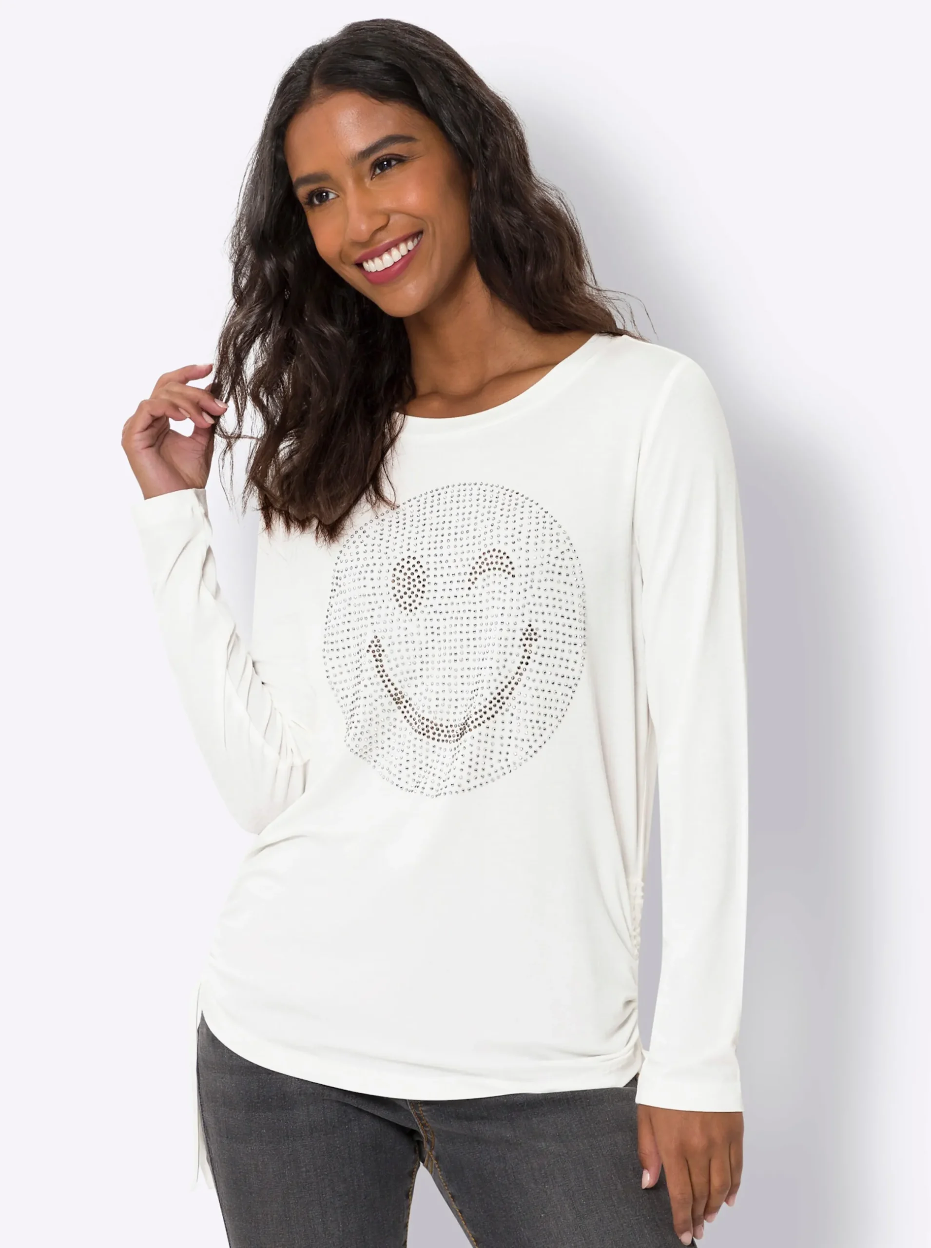 Shirts|heine Langarmshirt mit Glitzersteinchen-Smiley ecru