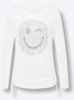 Shirts|heine Langarmshirt mit Glitzersteinchen-Smiley ecru