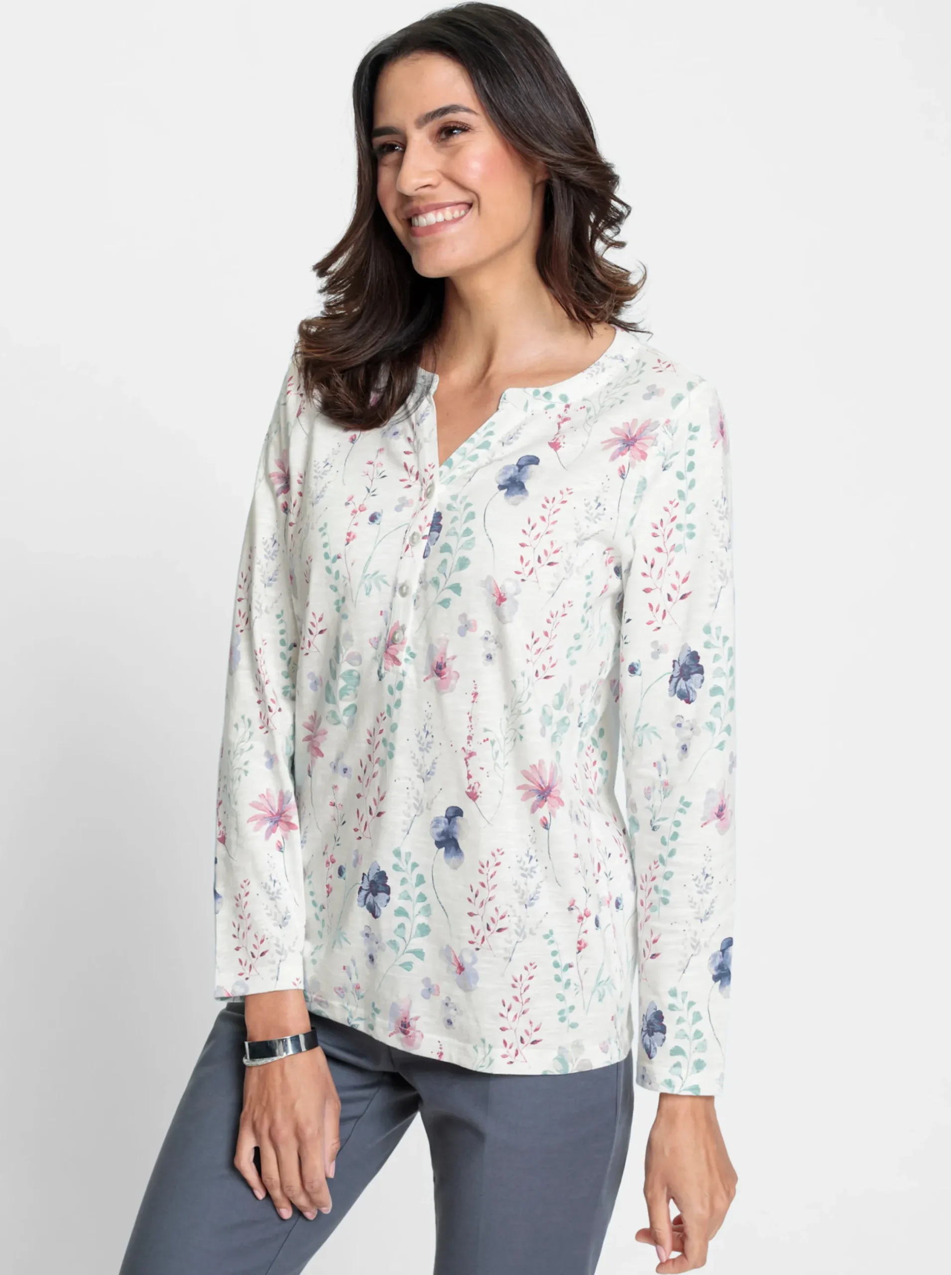 Shirts| Langarmshirt mit kleiner Knopfleiste ecru-mauve-bedruckt