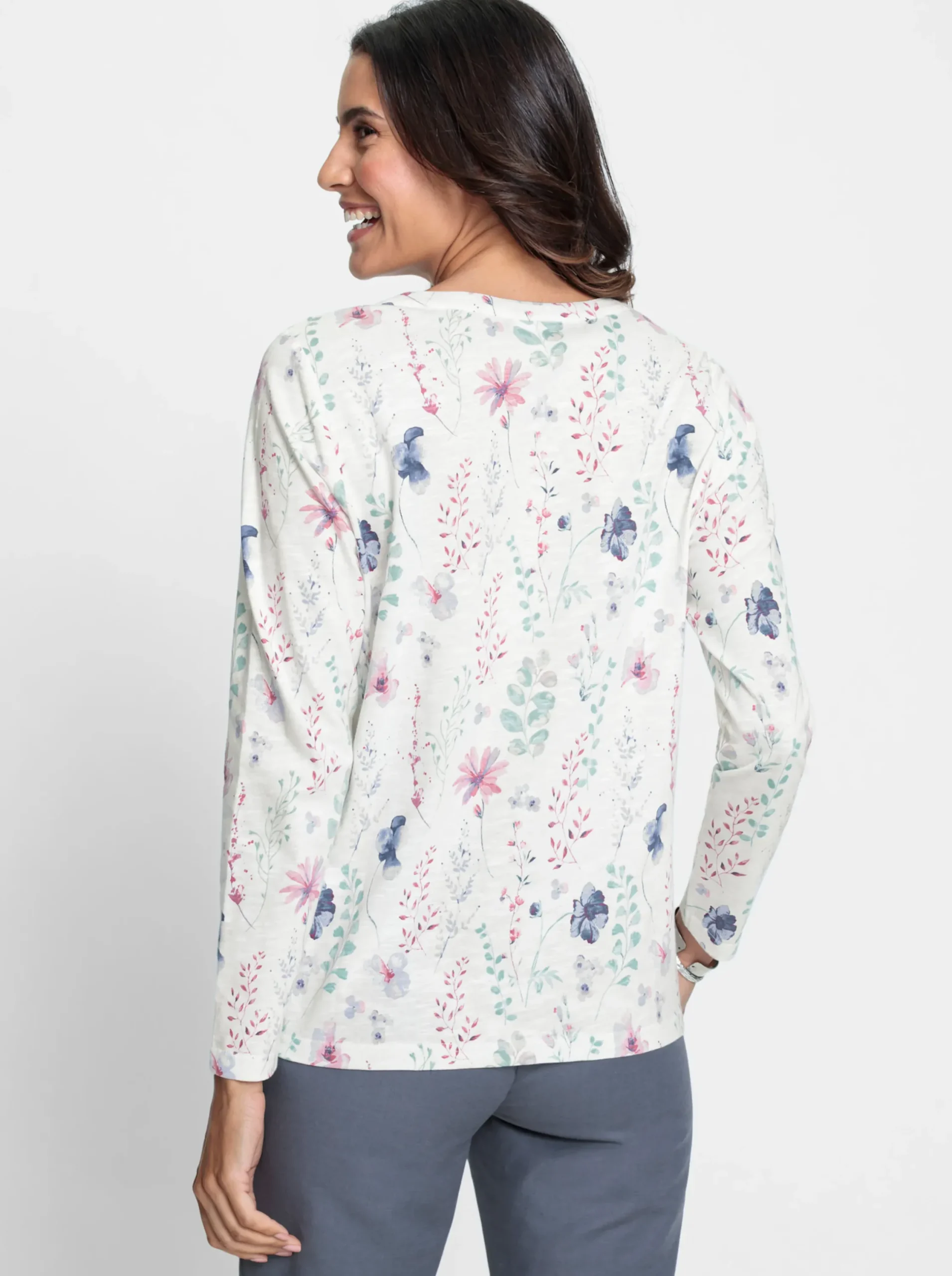 Shirts| Langarmshirt mit kleiner Knopfleiste ecru-mauve-bedruckt