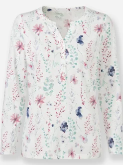 Shirts| Langarmshirt mit kleiner Knopfleiste ecru-mauve-bedruckt