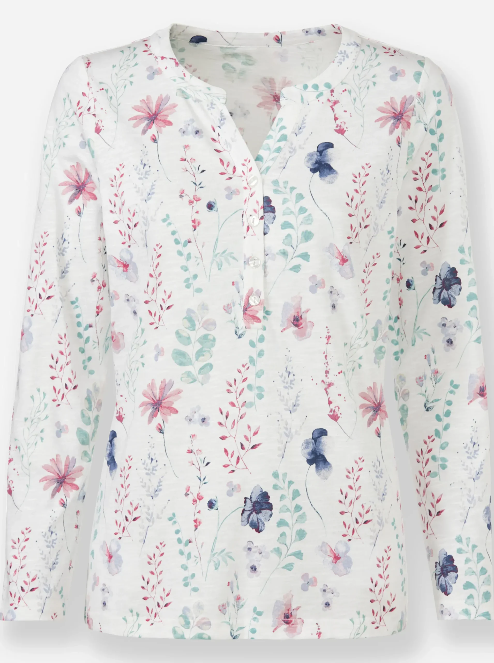 Shirts| Langarmshirt mit kleiner Knopfleiste ecru-mauve-bedruckt