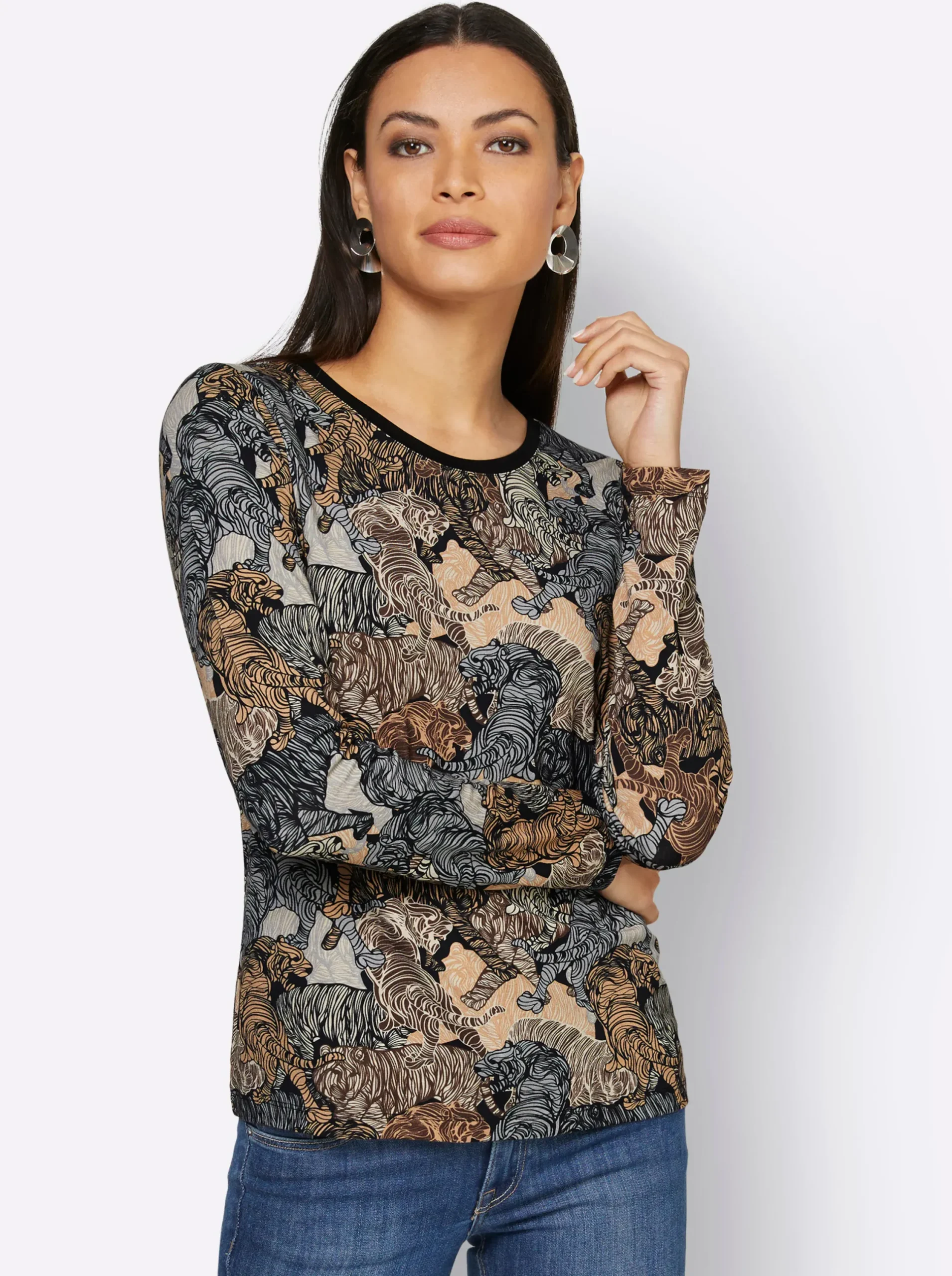 Shirts| Langarmshirt mit kontrastfarbiger Paspel schwarz-sand-bedruckt