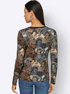 Shirts| Langarmshirt mit kontrastfarbiger Paspel schwarz-sand-bedruckt
